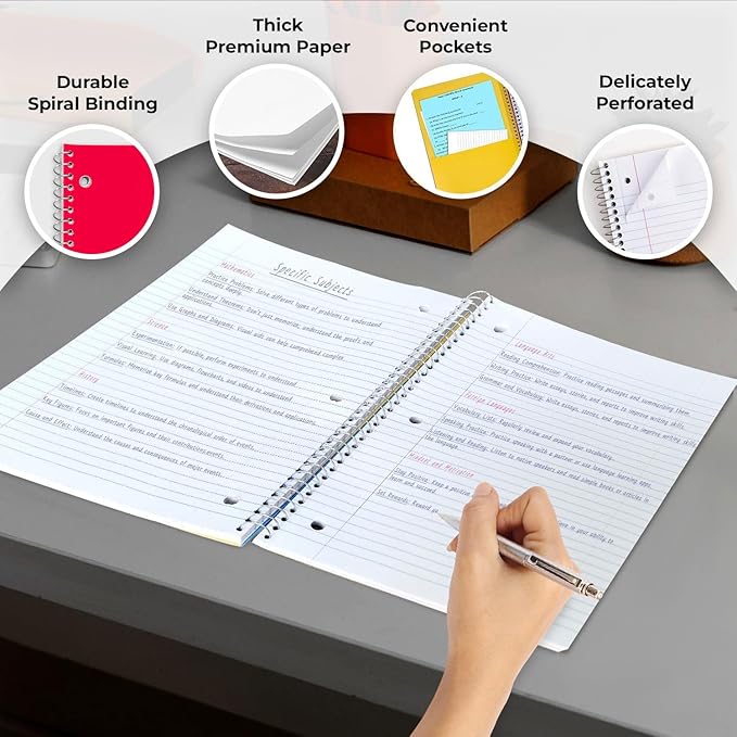 5 Subject Notebook Wide Ruled, 6 Pack, 300 Pages (150 Sheets), 8 x 10-1/2", 5 Subject Spiral Notebook with Dividers, Thick Paper Fights Ink Bleed, 3 Hole Punched, Spiral Notebooks for School