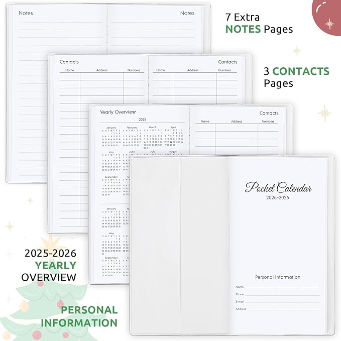 Christmas Pocket Calendar 2025-2026, 2025 Monthly Planner - 6.7" x 3.7" - Runs from January 2025 until December 2026, 2025 Pocket Planner with PVC Cover for Planning, Green