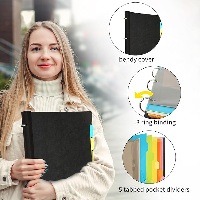 2 Pcs Pivotable Refillable Notebook, 3 Ring Binder Notebooks 1 Inch, Notebook with Dividers and Pockets, Folder Notebook, Flexible Binder, Soft Binders 3 Ring, Foldable Binder- Black