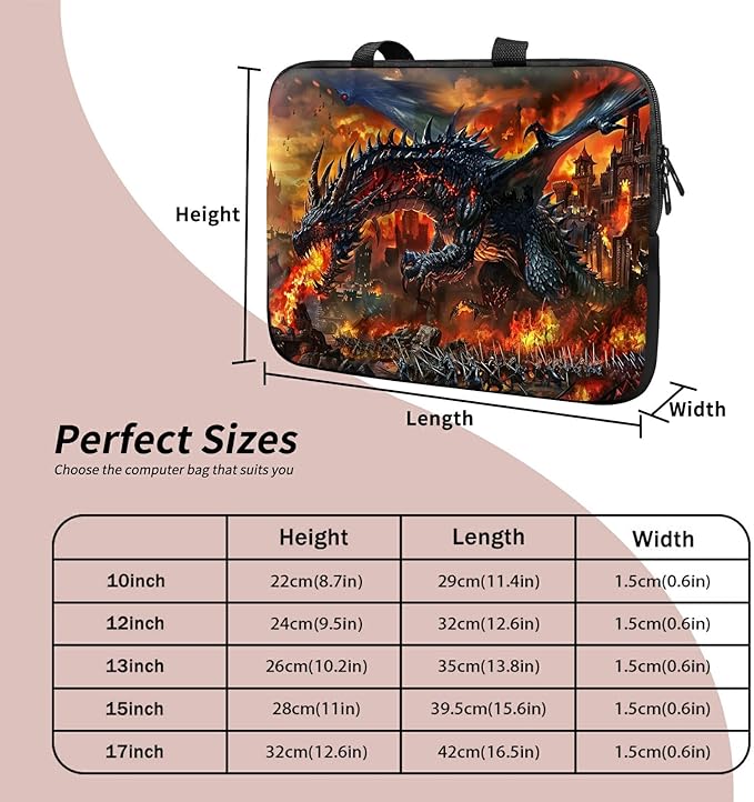 Laptop Sleeve Case Bag 13 inch, Fire Fierce Dragon Slim Carrying Case Durable Handbag Travel Laptop Bag for 13 inch MacBook Air M3/M2/Pro M2/ 13" iPad Pro/Air M4/M2 2024