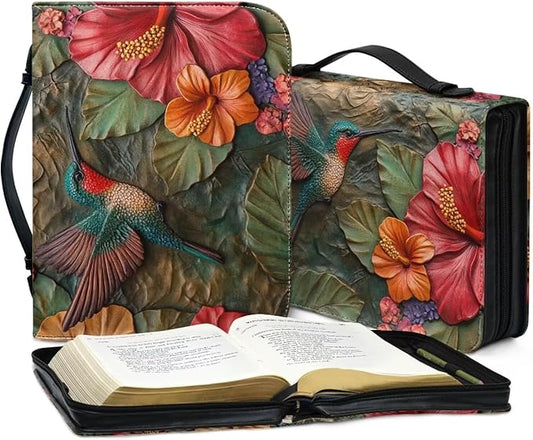 Lotusorchid Leather Bible Book Cover Case with Handle Pocket, Hummingbird Bible Cover Case with Pen Storage, Sturdy PU Bible Tote Bag, Bible Accessories, XL