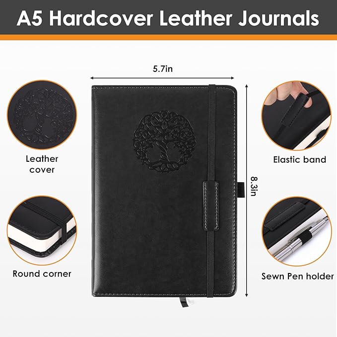Lined Journal Notebook for Women Men A5 Hardcover Leather Journals College Ruled Notebooks 300 Pages 5.7 x 8.3 Inches Black
