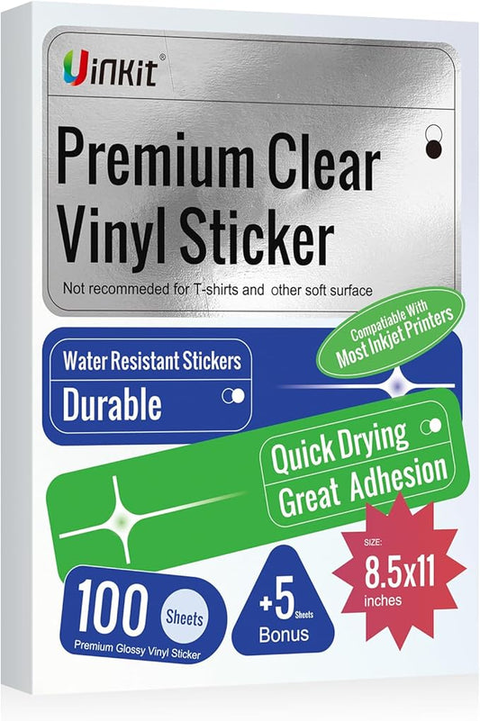 Uinkit 105Sheets Premium 90% Clear Vinyl Sticker Paper for Inkjet Printer - Include 100 Sheets Clear and 5Sheets Glossy Label Waterproof, Dries Quickly Vivid Colors, Holds Ink Well