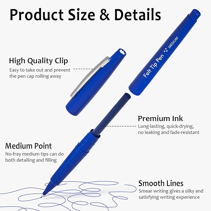 Lelix Felt Tip Pens, 30 Blue Pens, 0.7mm Medium Point Felt Pens, Felt Tip Markers Pens for Journaling, Writing, Note Taking, Planner, Perfect for Art Office and School Supplies