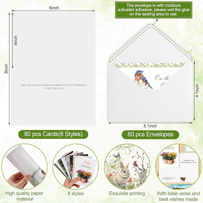 Zhanmai 80 Pack 4 x 6 Inch Religious Christian Birthday Cards Bulk with Scripture Assorted Bible Verse Designs Christian Blessings Birthday Cards with Envelopes (Scenic Style)