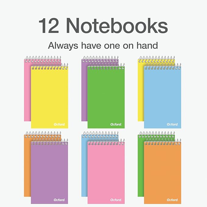 Oxford Spiral Memo Pads, Top Wire Bound, 3 x 5 Inch Pocket Notepad, College Ruled, 6 Assorted Pastel Colors, 75 Sheets, 12 Pack (25093)