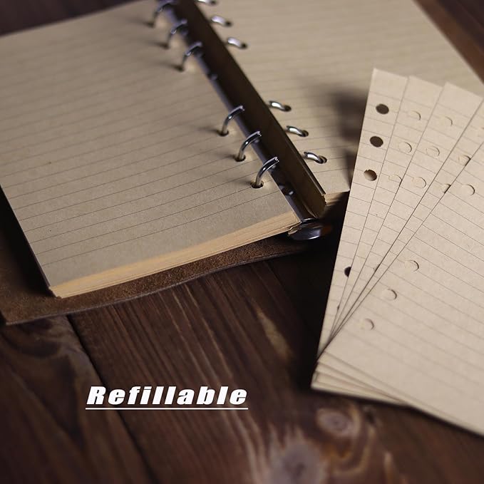 Leather Refillable Notebook,Vintage Leather Journal Diary Journal,7 x 5 IN A6 Binder Notebook (Dark Brown)