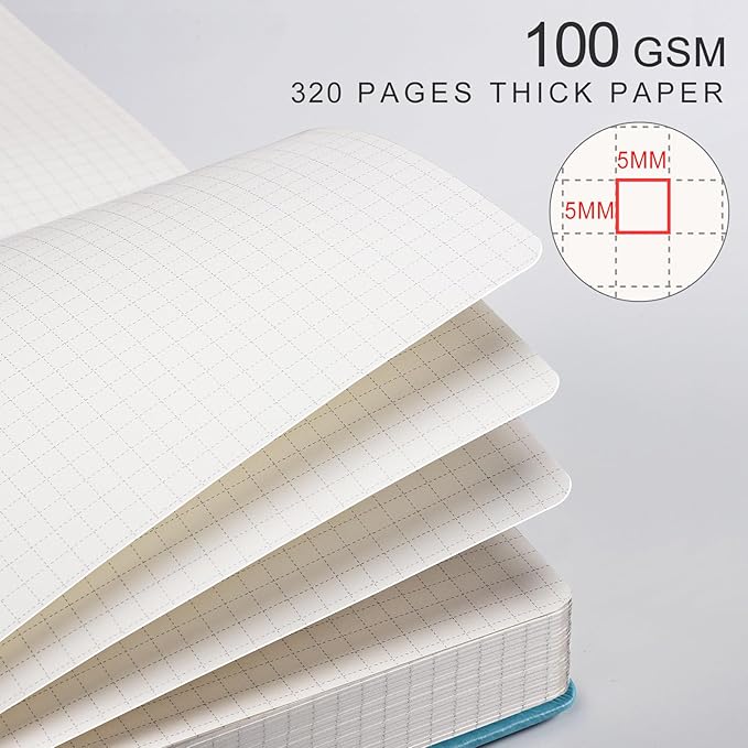 EMSHOI Graph Paper Notebook - 320 Pages, A5 Hardcover Leather, 100gsm Thick Paper, Square Grid Notebook for Women Men Work School Math Writing, Graphing, Engineering, 5.75 x 8.38, Light Blue