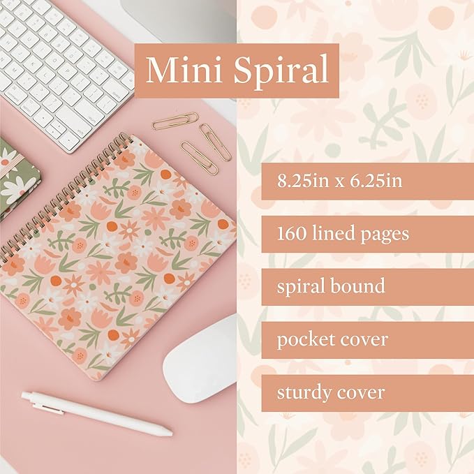 Steel Mill & Co Cute Mini Spiral Notebook, 8.25" x 6.25" Journal with Durable Hardcover and 160 Lined Pages, Star Floral, Blush