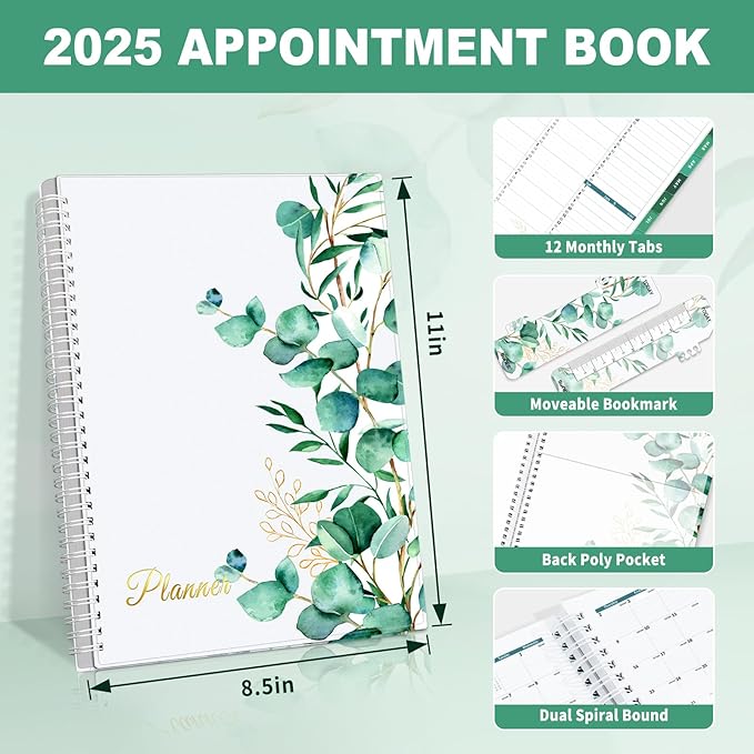 SUNEE 2025 Appointment Book, Quarter-Hourly, Weekly & Monthly - from January 2025 - December 2025, 8.5"x11" Weekly Planner, Flexible Cover, Note Pages, Pockets, Bookmark, Spiral Binding, Half Leaf