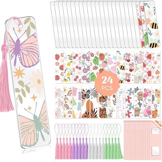 48PCS Bookmark Making Kit, 24 Acrylic Bookmark Blanks with 24Pcs Tassels, 24 UV Stickers about Fruit Theme, DIY Blank Bookmarks Waterproof UV DTF Transfers Stickers for Clear Bookmarks DIY Projects