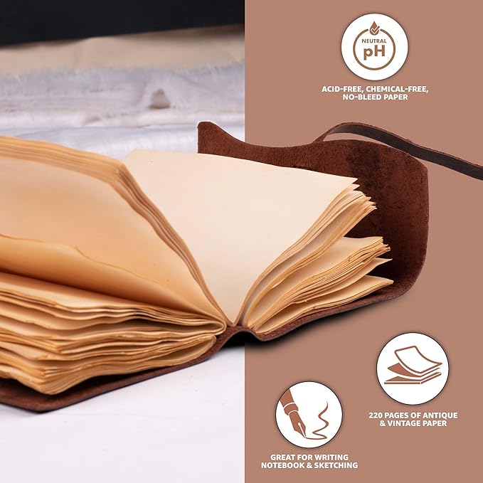 LEATHER VILLAGE Leather Bound Journal - Black, 7"X5", 220 Pages - Vintage Blank Paper Diary for Writing, Drawing, Sketchbook, and Travel Notebook - Ideal for Women and Men