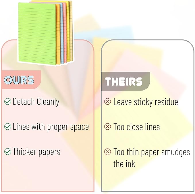 Mr. Pen- Lined Sticky Notes 4x6, 6 Pads, 45 Sheets/Pad, Pastel Color, Sticky Notes with Lines, Sticky Pads, Sticky Note Pads, Colorful Sticky Notes, Stickies Notes, Ruled Post Stickies
