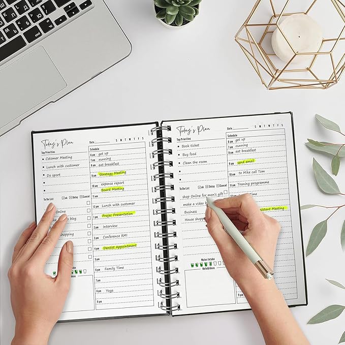 Undated Daily Planner,Undated Planner with Hourly Schedules, Daily Organizer Notebooks for work, Spiral Appointment Planner for Men and Wome, To Do List Notebook for Time Management, Elastic Closure, Pocket (Black)
