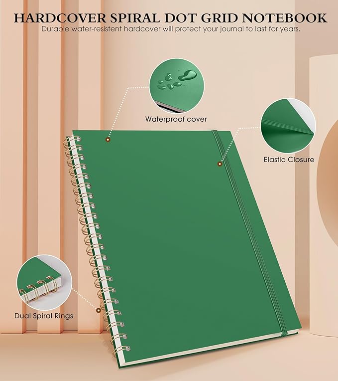 Dotted Notebook, Spiral Notebook Journal 8.5” x 11”, A4 Large Dot Grid Notebooks for Women Men, 100 GSM Dotted Paper, Plastic Hardcover Spiral Bullet Dotted Journals for Work School Sketching, Green
