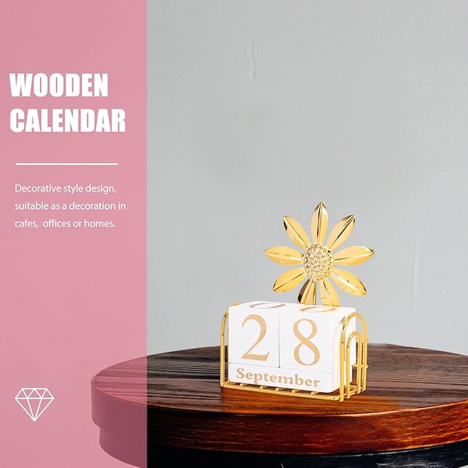 SUPVOX Wooden Block Calendar for Desk Daily Desktop Perpetual Calendar Wood Month Date Display Blocks Farmhouse Desk Accessories for Home Office Decor Reusable Yearly Sunflower Design