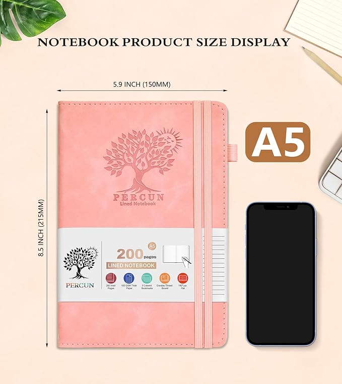 Lined Journal Notebook for Women and Men,Hardcover Leather Journaling Notebook for Writing, Travel, Business, Work and School,200 Pages A5 Notebook for Note Taking, Diary 5.9" × 8.5" - Pink