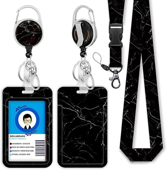 Black Marble Lanyards for Id Badges, Cute Badge Reel Heavy Duty with Carabiner Clip, Fashionable ID Badge Holder with Breakaway Lanyard, Teacher Nurse Office Gifts