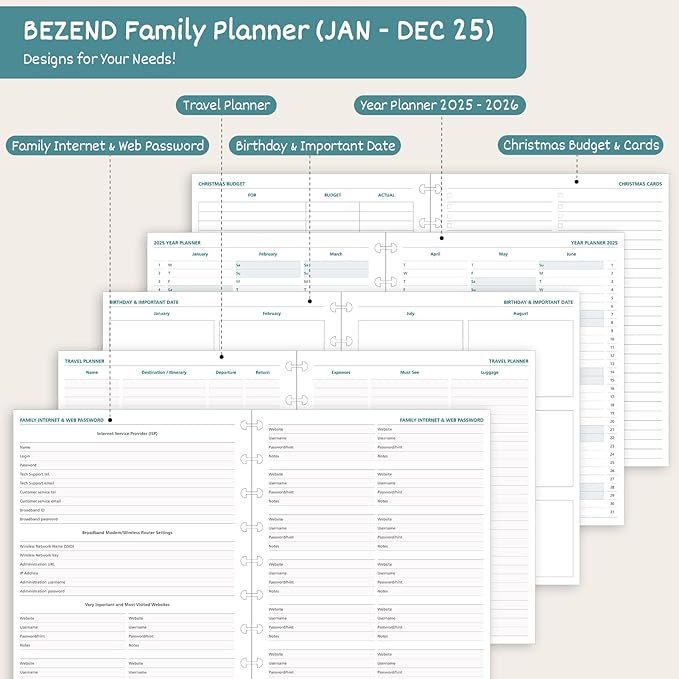 BEZEND Life Planner 2025 Weekly & Monthly Family Organizer with 6 Columns 7" x 9" - Agenda 2025 Family Calendar with Tabs, Pocket & Tear-off Shopping List, Disc Bound Flexible Cover - Dutch Blue