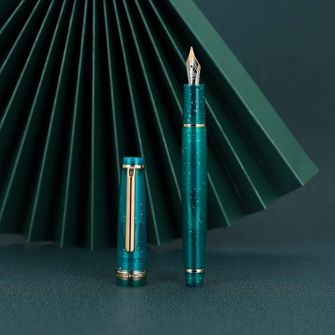 Jinhao 82 Acrylic Fountain Pen, Iridium Fine Nib with Ink Converter, Transparent Peacock Blue Fluorescent Classic Design Smooth Writing Pen (Gold Trim)