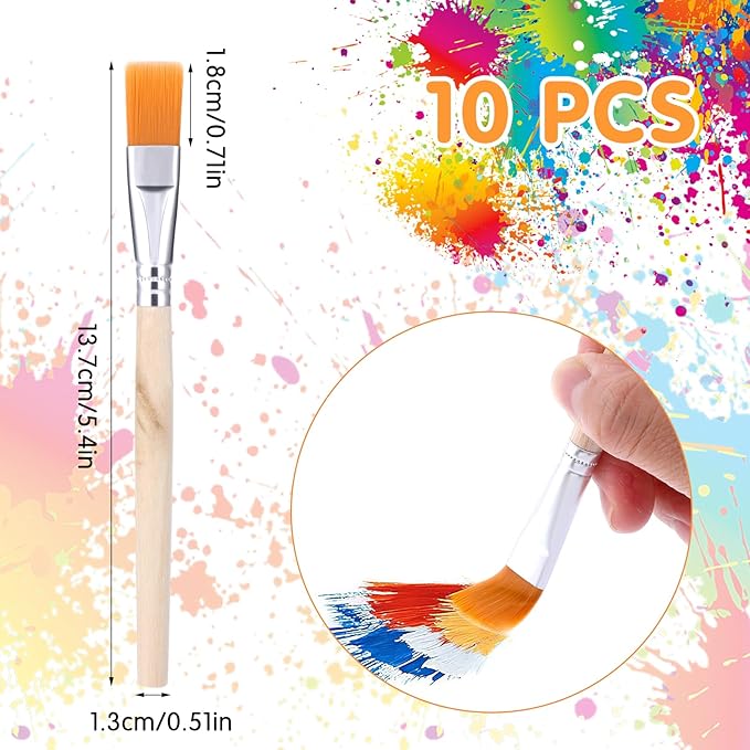 10Pcs 3/5 Inch Flat Paint Brushes Wood Paint Brush Artist Craft Paint Brushes Watercolor Small Brush Bulk Painting Brush Art Detail Oil Brush for Kid Adult(5.5 x 3/5 Inch)