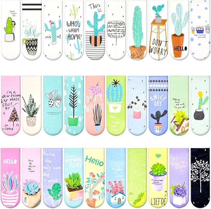 30 Pieces Cute Magnetic Bookmarks for Women/Men, Dual Sided Rainbow Film Laminated Book Markers for Girls, Funny Magnetic Bookmarks for Kids, Book Marks Bulk Page Clip Reading Giveaways (Cactus Plant)