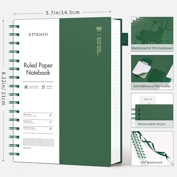 EMSHOI A5 Spiral Notebook College Ruled Lined Journal, Small 5.7" X 8.22", 300 Pages/150 Sheets, 100gsm Thick Paper, Waterproof Hardcover, for Office School Women Men Work Writing Notes, Green