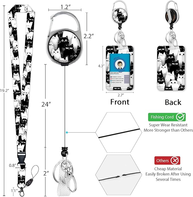 Giancomics Cat Lanyards for Id Badges, Cute ID Badge Holder with Lanyard Badge Reel Retractable, Teacher Lanyard with ID Holder Keychain Clip Name Tag ID Card Holder for Women Work Office Gift