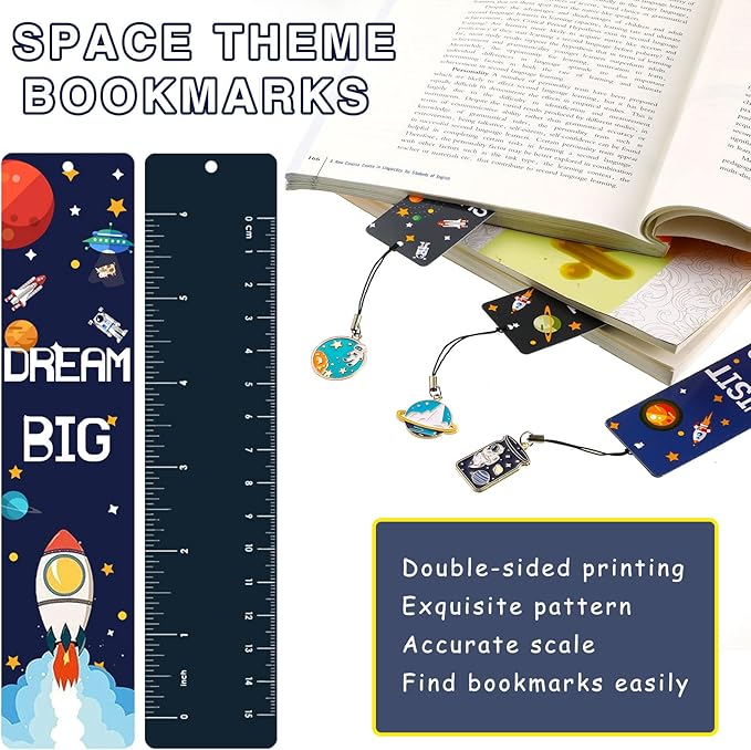 Christmas Space Theme Bookmarks with Metal Charms Planet Rocket Space Ship Theme Bookmarks Inspirational Quotes Bookmarks for Space Christmas Party Favors Gifts Kids Boys Girls Encourage(48 Pieces)