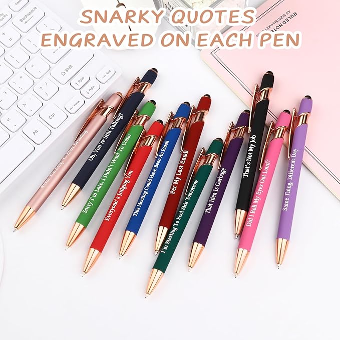 Snarky Funny Office Pens,12 Pcs Negative Sarcastic Hilarious Quotes Work Ballpoint Pens with Stylus Tip for Colleague Co-workers Gift Black Ink (Style 1, 12)