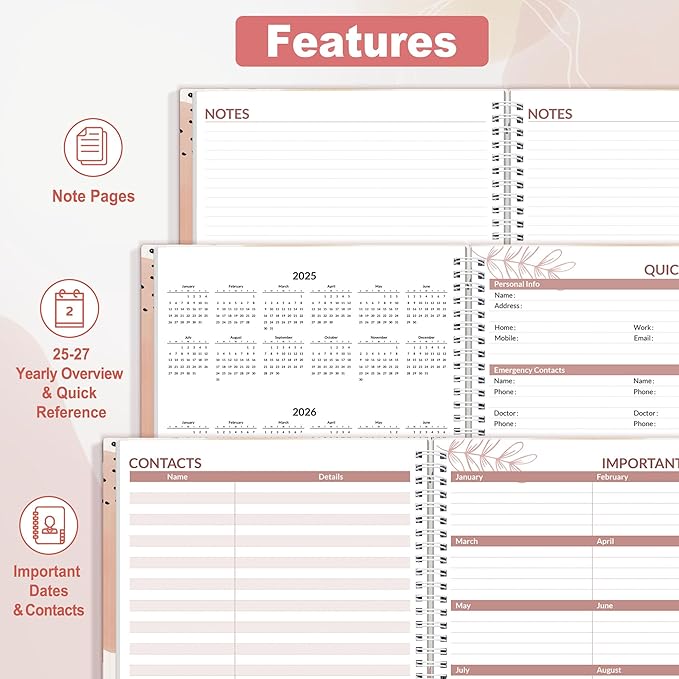 SUNEE 2025 Weekly and Monthly Planner - from January 2025 - December 2025, 8.5"x11" Daily Agenda Planner with Monthly Tab, Flexible Cover, Note Pages, Pockets, Bookmark, Spiral Binding, Pink Breeze