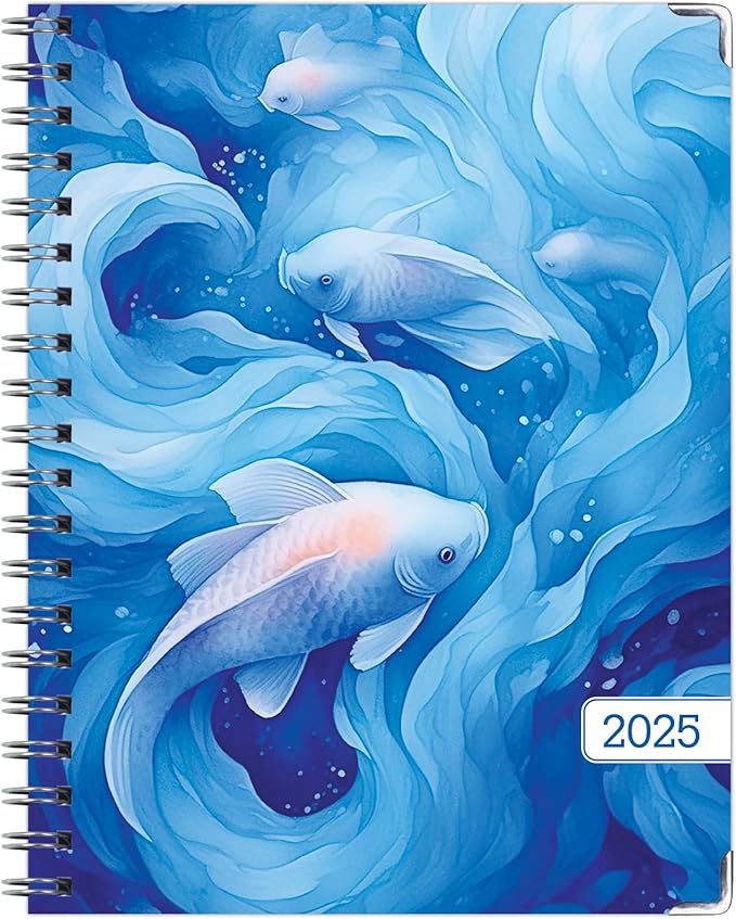HARDCOVER 2025 Planner, 8.5"x11": 14 Months (November 2024 - December 2025), Daily Weekly Monthly Planner, Yearly Agenda, Bookmark, Pocket Folder and Sticky Note Set (Blue Koi)
