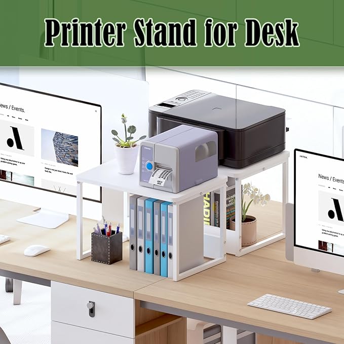 MARTY Desktop Printer Stand 2 Pack Printer Stand with Storage for Desk, Printer Shelf Desk Organzier for Home/Office Printer Riser Under Desk Small Table for Printer Fax Machine Scanner(White)