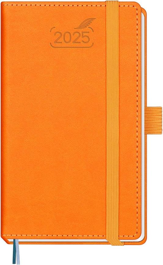 BEZEND Pocket Calendar 2025 for Purse 3.5" x 6", 2025 Pocket Planner Daily Weekly & Monthly with Pen Holder, Small Agenda 2025 with Vegan Leather Hard Cover - Orange