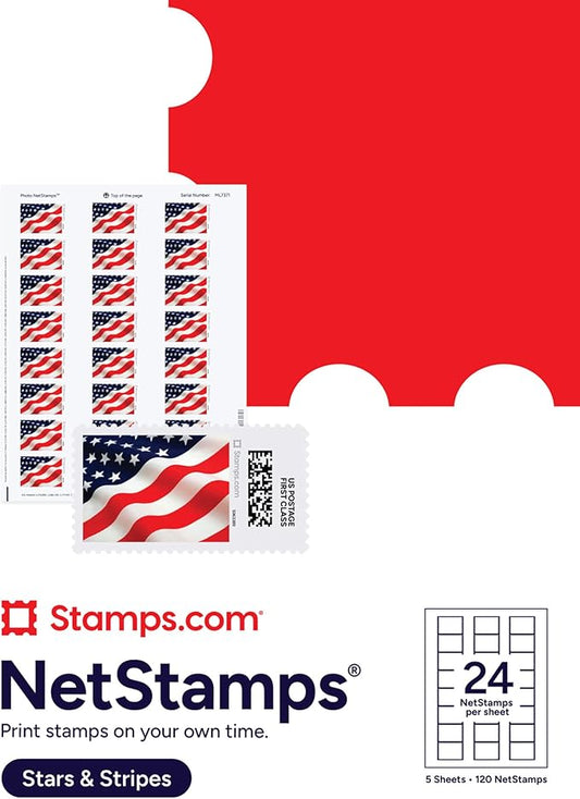 Stars & Stripes NetStamps 120-Pack (5 Sheets) Printable Postage Labels (Stamps.com Subscription Required) - Print Approved Postage - Inkjet & Laser Printers - Business, Personal, Home