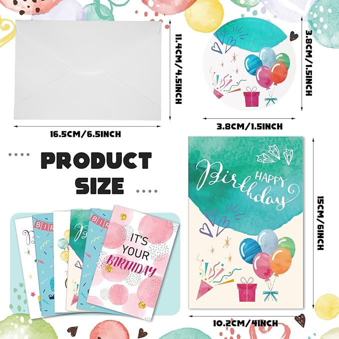 Harloon 200 Pack Happy Birthday Card Assorted Bulk with Blank Envelopes and Stickers 4 x 6 Inches Greeting Blank Happy Birthday Cards for Men Women Adults Kids, 20 Styles(Colorful Style)
