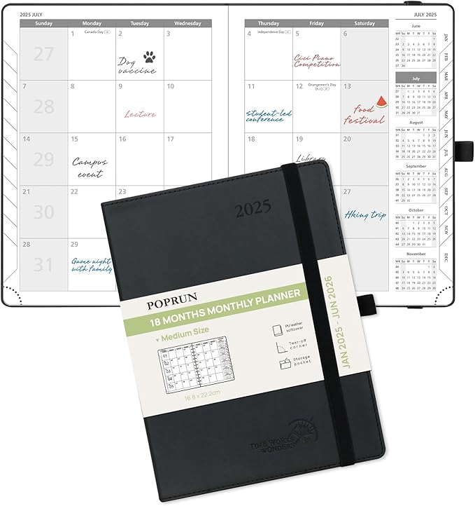 POPRUN Monthly Planner 2025-2026 (Medium- 6.5'' x 8.5'' Soft Cover), 18-Month Calendar Book (January 2025-June 2026), Calendar Planner with Monthly Tabs & Pocket, 100 GSM Paper - Black