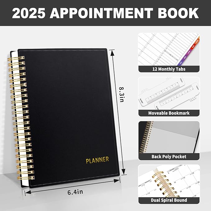 SUNEE 2025 Appointment Book, Quarter-Hourly, Weekly & Monthly - from January 2025 - December 2025, 6.4"x8.3" Weekly Planner, Flexible Cover, Note Pages, Pockets, Bookmark, Spiral Binding, Black