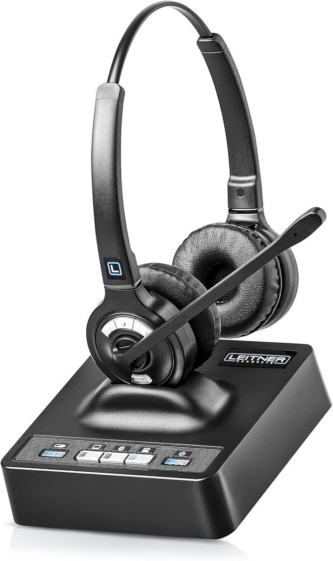 Leitner LH375 3-in-1 Wireless Office Headset with Mic – Computer, Telephone, and Cell Phone Headset – 5 Year Warranty – Dual-Ear