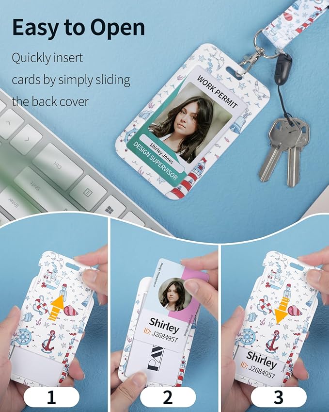 Uniclife Fashionable Sliding Badge Holder Cruise Pattern Plastic Case with Retractable Badge Reel Carabiner Clip & Detachable Lanyard Strap Vertical Card Protector for Women Nurse Teacher Student