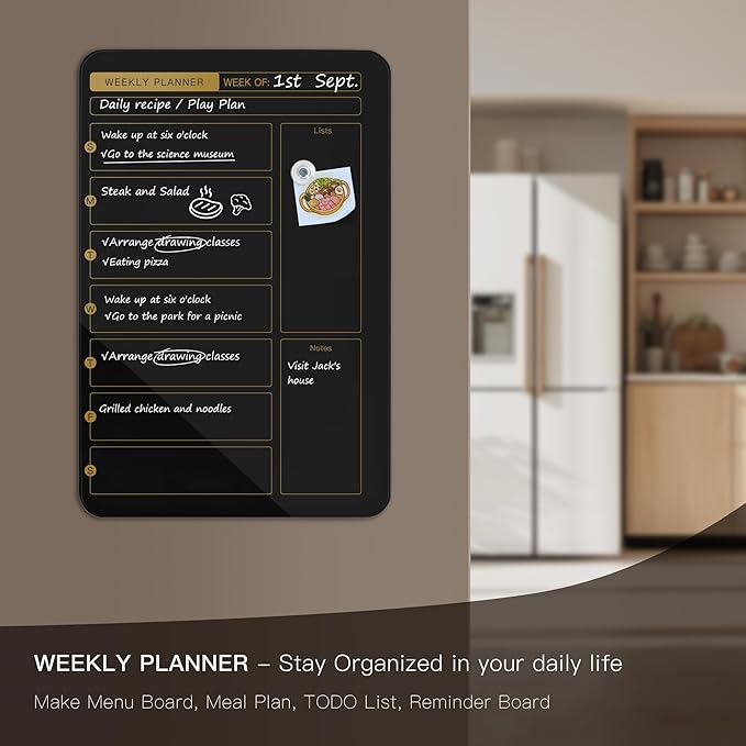 SELEAD Magnetic Glass Whiteboard Weekly Planner - 16”x24” Dry Erase Calendar White Board for Wall, Menu Notes Grocery List Board for Home Kitchen Restaurant - Black&Gold