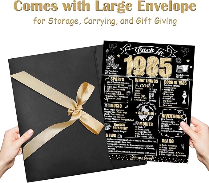 Large 40th Birthday Card With Envelope for Men Women, 1985 Black Gold Happy 40th Birthday Giant Guest Signature Book Gifts, Big Vintage 1985 40th Greeting Card Decoration Party Supplies