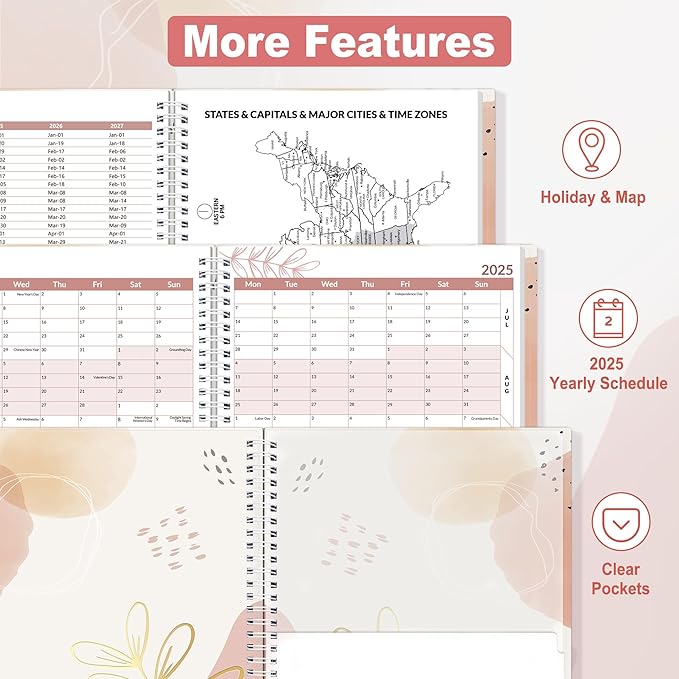 SUNEE 2025 Weekly and Monthly Planner - from January 2025 - December 2025, 8.5"x11" Daily Agenda Planner with Monthly Tab, Flexible Cover, Note Pages, Pockets, Bookmark, Spiral Binding, Pink Breeze
