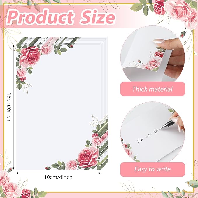 PerKoop 50 Pcs Blank Note Cards Decorative Notecards 4x6in Greenery Floral Notecards Printer Paper Cardstock Cards for Wedding Office DIY Drawing Thank Greeting Supplies(Rose)