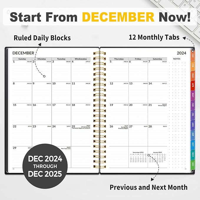 SUNEE 2025 Appointment Book, Quarter-Hourly, Weekly & Monthly - from January 2025 - December 2025, 6.4"x8.3" Weekly Planner, Flexible Cover, Note Pages, Pockets, Bookmark, Spiral Binding, Black