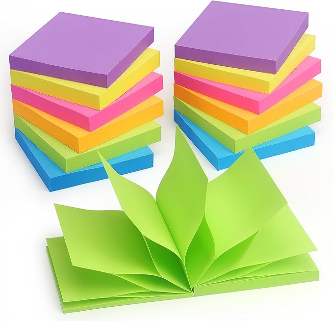 Pop Up Sticky Notes 3x3 inch Bright Colors Self-Stick Pads 12 Pads/Pack 100 Sheets/Pad Total 1200 Sheets