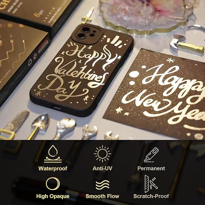 LET'S RESIN 6Pcs Mirror Chrome Markers,3 Sizes Shiny Chrome Paint Pen with Large Barrel, Quick Dry Oil-based Silver & Gold Markers for Metal, Resin, Model Painting, Marking or DIY Art（1-5mm