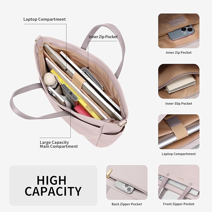 Laptop Shoulder Bag 14 Inch, Computer Shoulder Bag Large Work Tote Bag for Women, Laptop Carrying Case Stylish Handbag for Business Travel (Pinkish Grey)