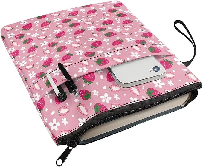 COEQINE Strawberry Book Sleeve Protector Book Cover with Zipper Book Sleeves Washable Hardcover Paperbacks Book Sox with Front Pocket
