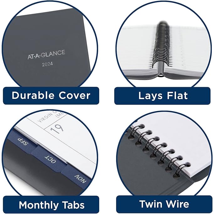AT-A-GLANCE 2024 Weekly & Monthly Planner, DayMinder, 5" x 8", Small, Spiral Bound, Monthly Tabs, Gray (GC2000724)